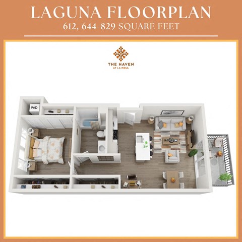 Floor plan for 1 bed, 1 bath, 644 sqft